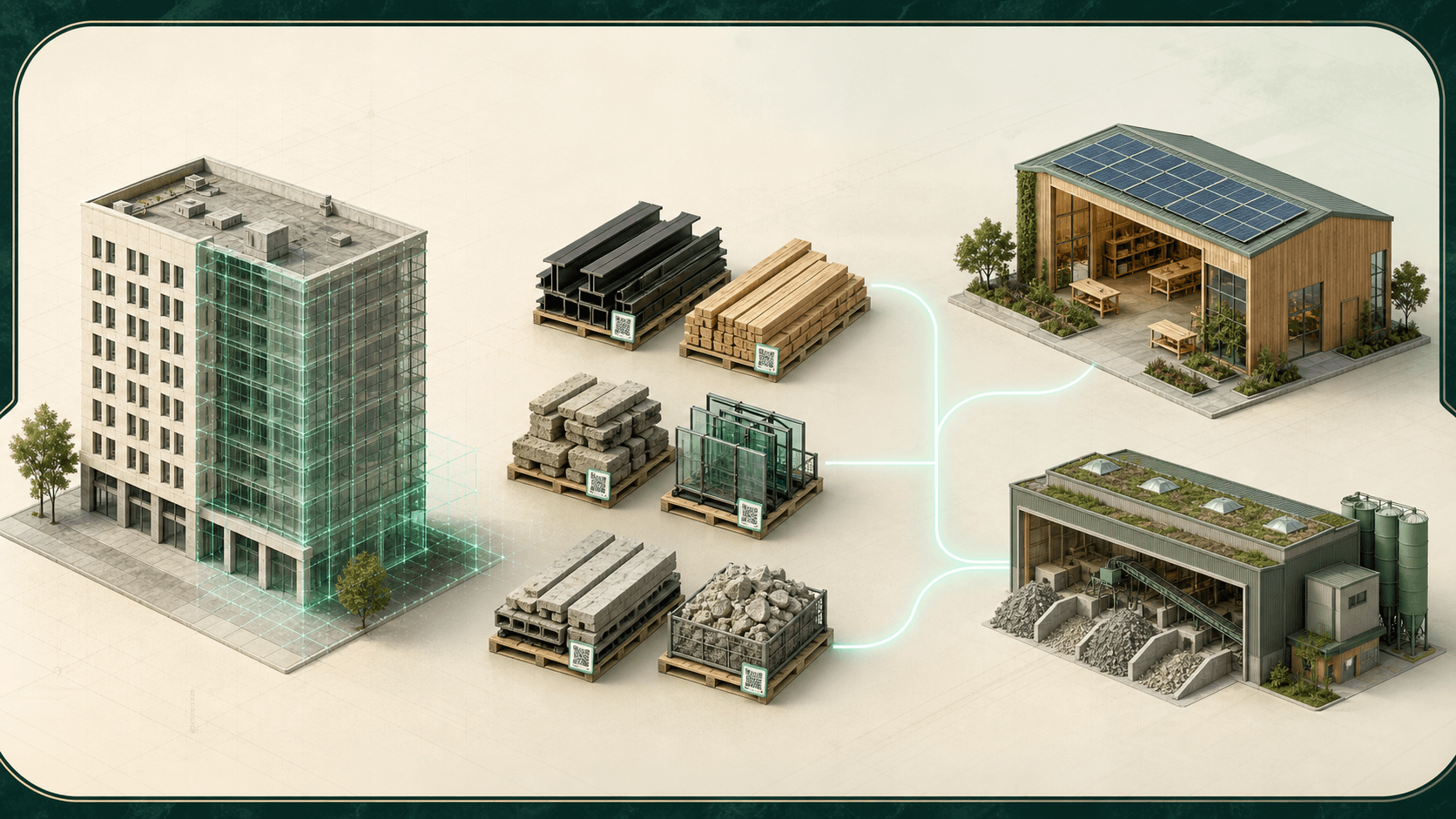 Illustrated journey from a building assessment through sorted material batches to reuse and recycling destinations