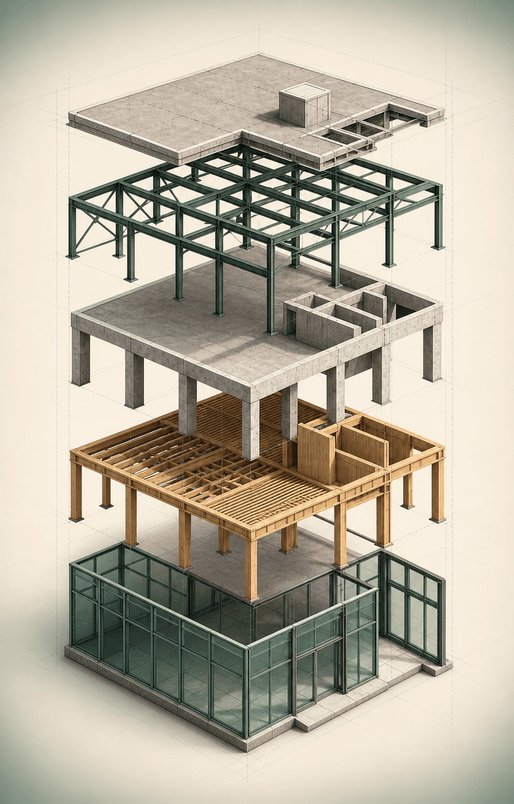 Exploded architectural model separating roof, steel, concrete, timber and façade layers